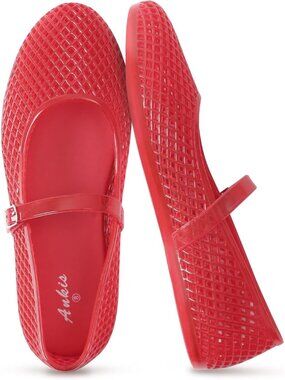 Women's Jelly Red Mesh Flats Buckle Strap Mary Jane Ballerina Flats Fishnet